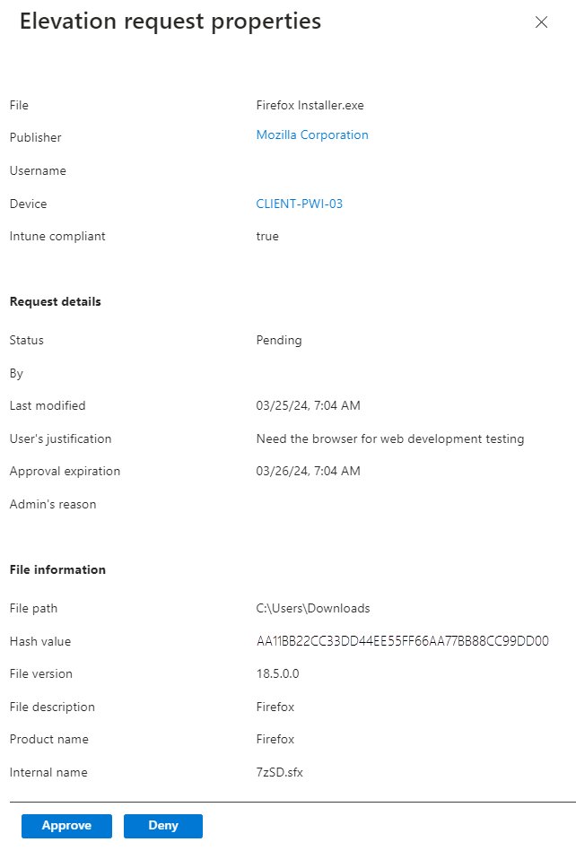 EPM elevation request approval in Intune showing file, publisher and justification