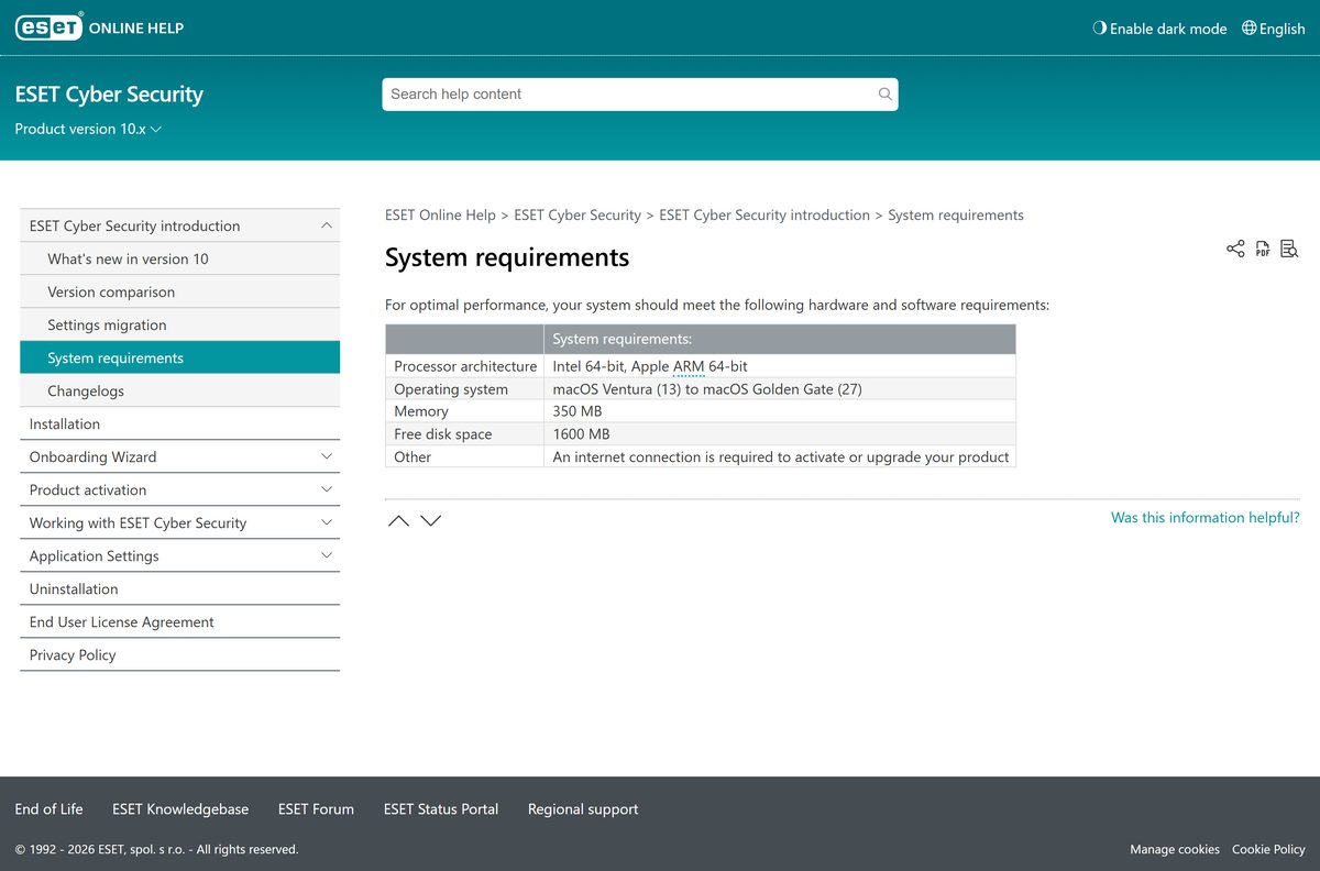 ESET Cyber Security requirements page listing macOS versions and disk space