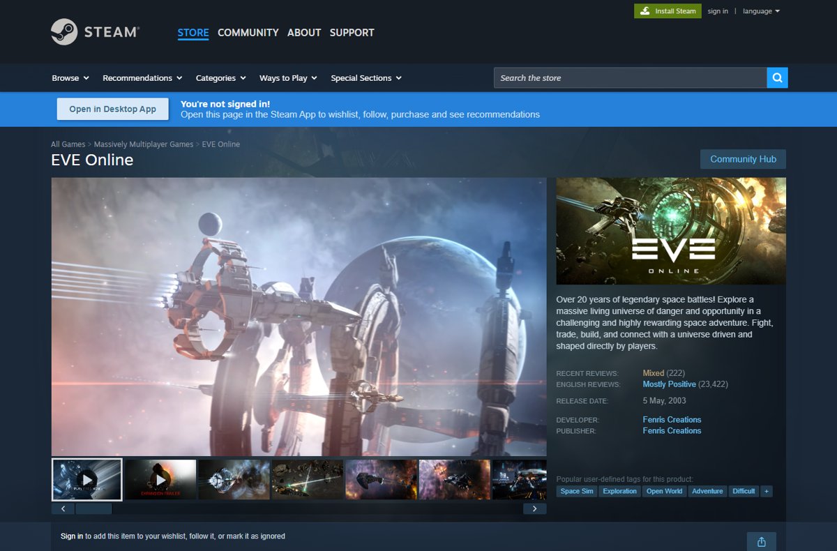 EVE Online Steam page with spaceship artwork
