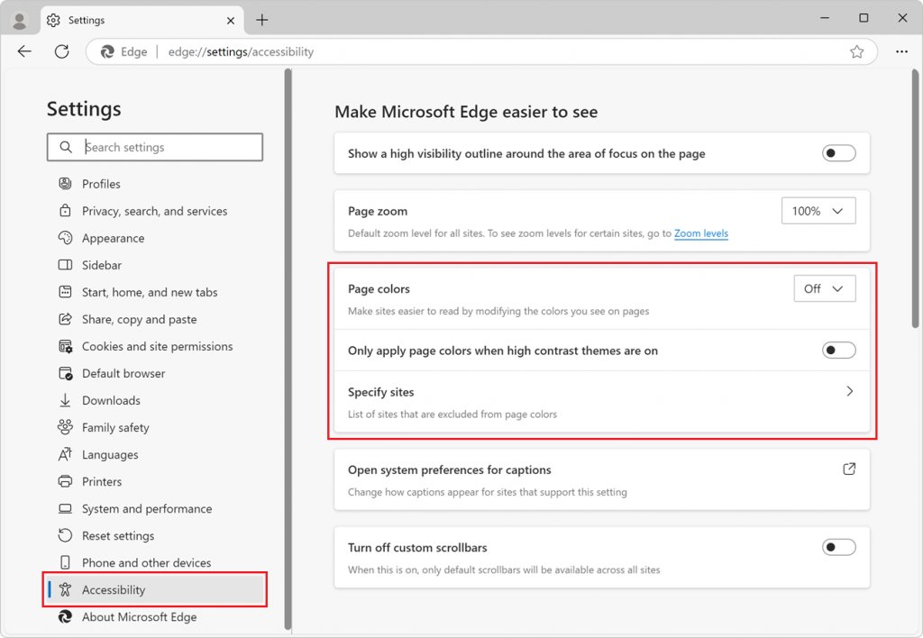 Edge Accessibility settings showing Page colors, high contrast toggle and Specify sites