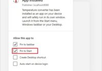 Edge App installed dialog offering Pin to Start and Desktop shortcut options