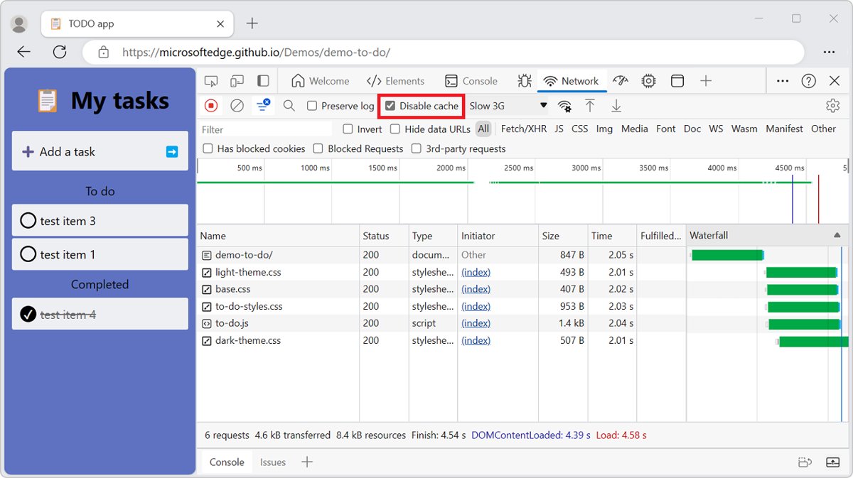 Edge DevTools Network tool with the Disable cache checkbox ticked