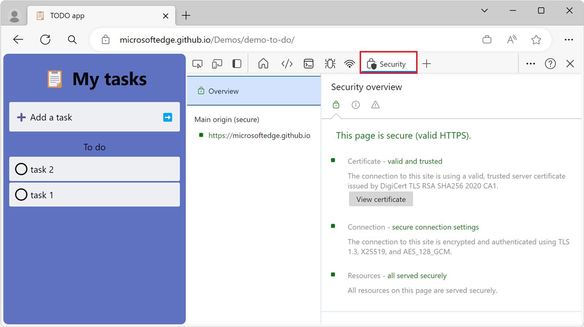 Edge DevTools Security tab showing a secure page with a View certificate button
