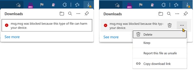 Edge Downloads panel showing a blocked file with Delete and Keep options