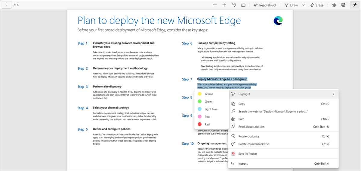 Edge PDF reader right-click menu with Highlight colour choices