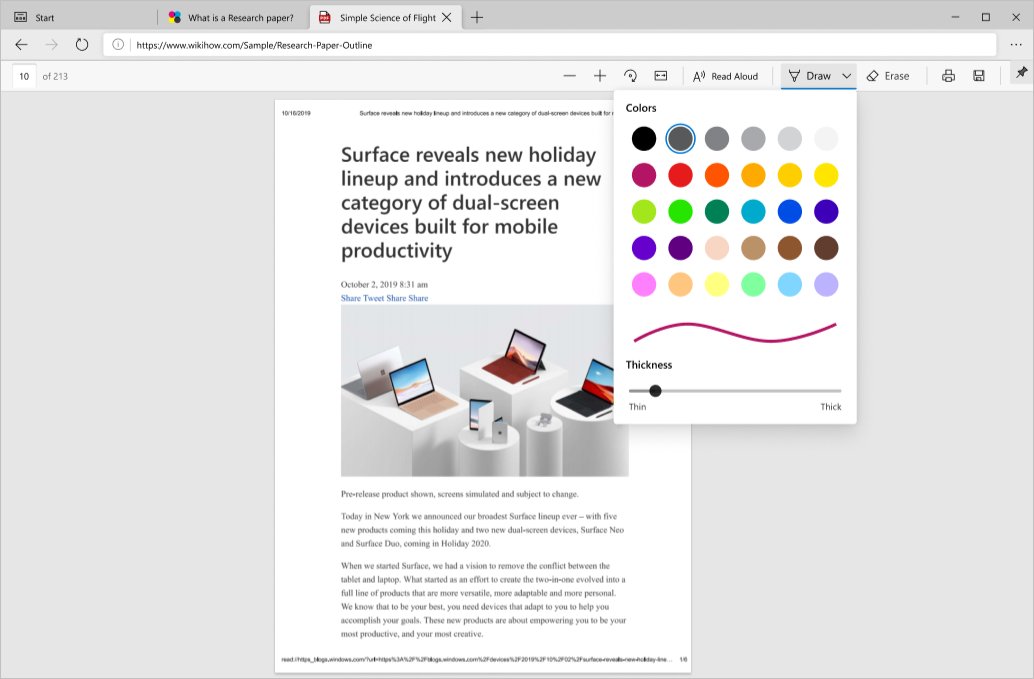 Edge PDF toolbar Draw menu showing ink colours and thickness slider