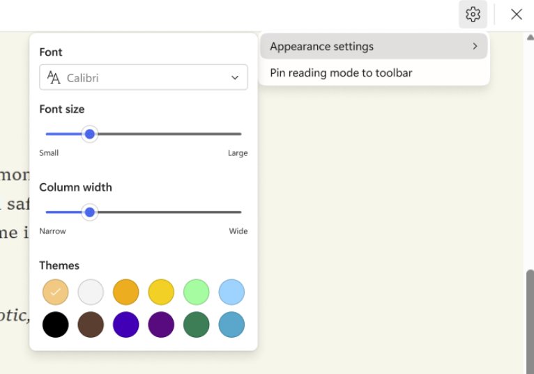 Edge Reading mode dark theme options in the Appearance settings panel