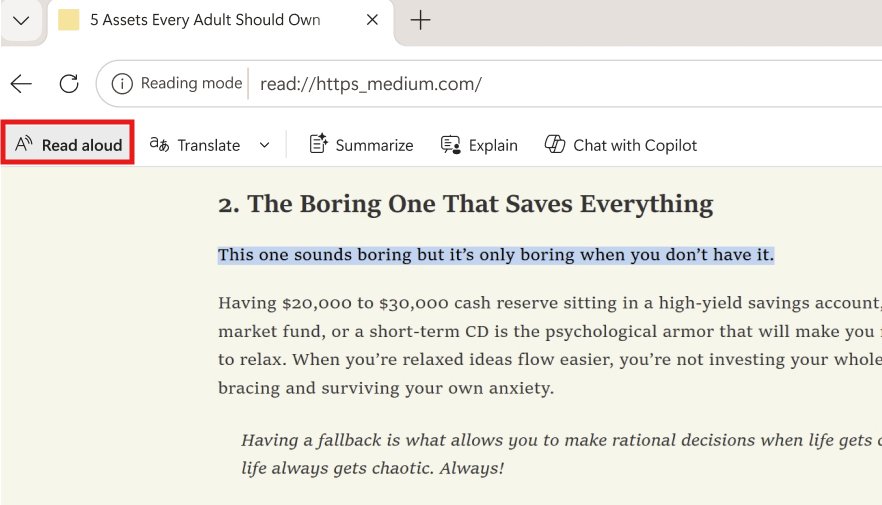 Edge Reading mode toolbar with Read aloud, Translate, Summarize and Explain buttons