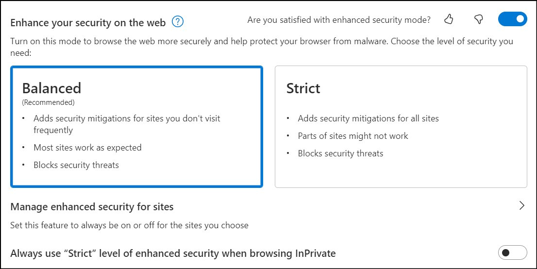 Edge enhanced security mode settings with Balanced and Strict levels