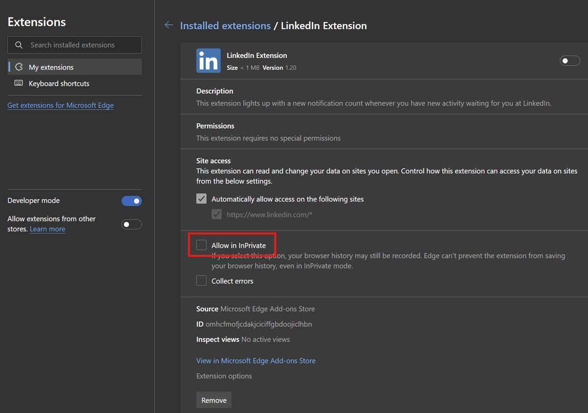 Edge extension details page with the Allow in InPrivate checkbox highlighted