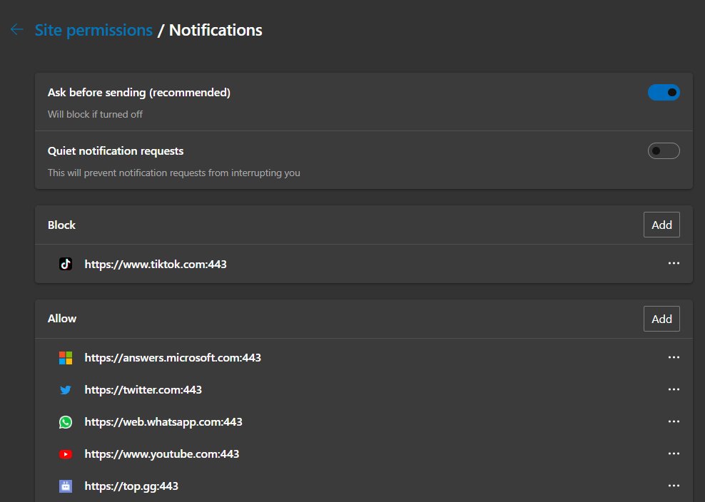 Edge notification settings in Site permissions with Block and Allow site lists