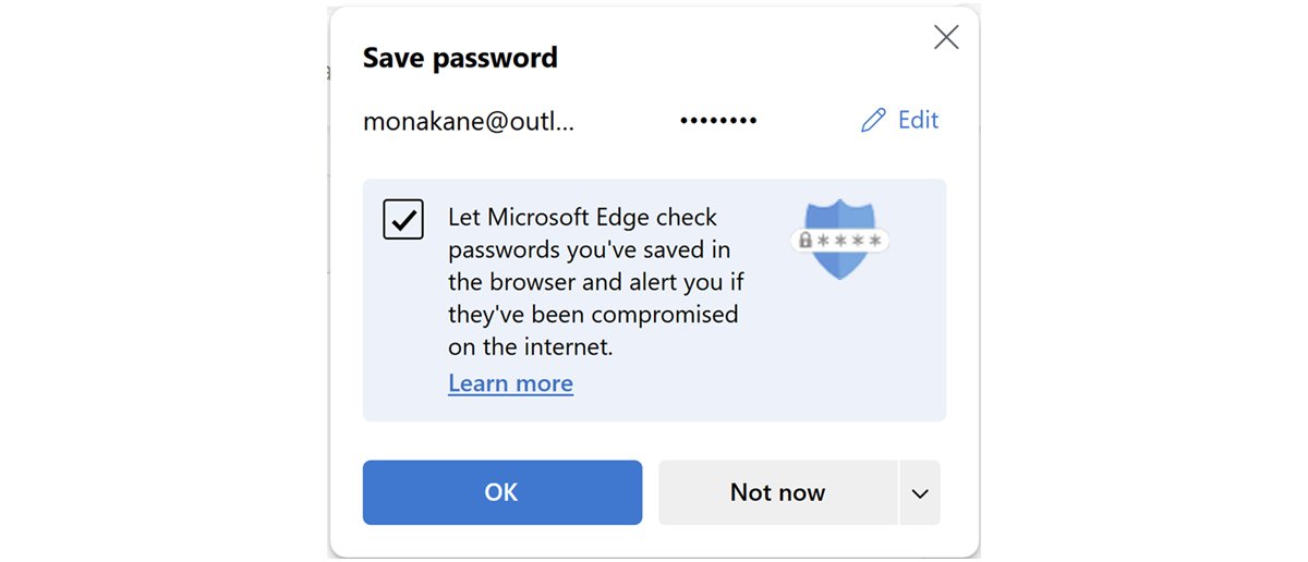 Edge save password prompt with option to check saved passwords for compromise