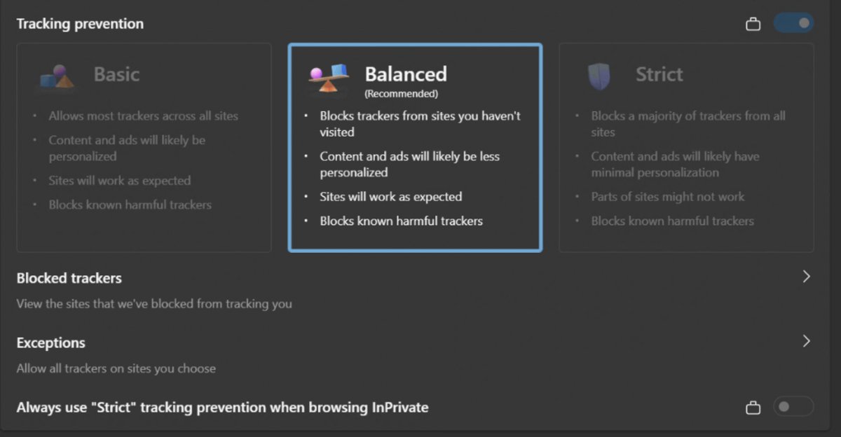 Edge tracking prevention settings with Basic, Balanced and Strict levels