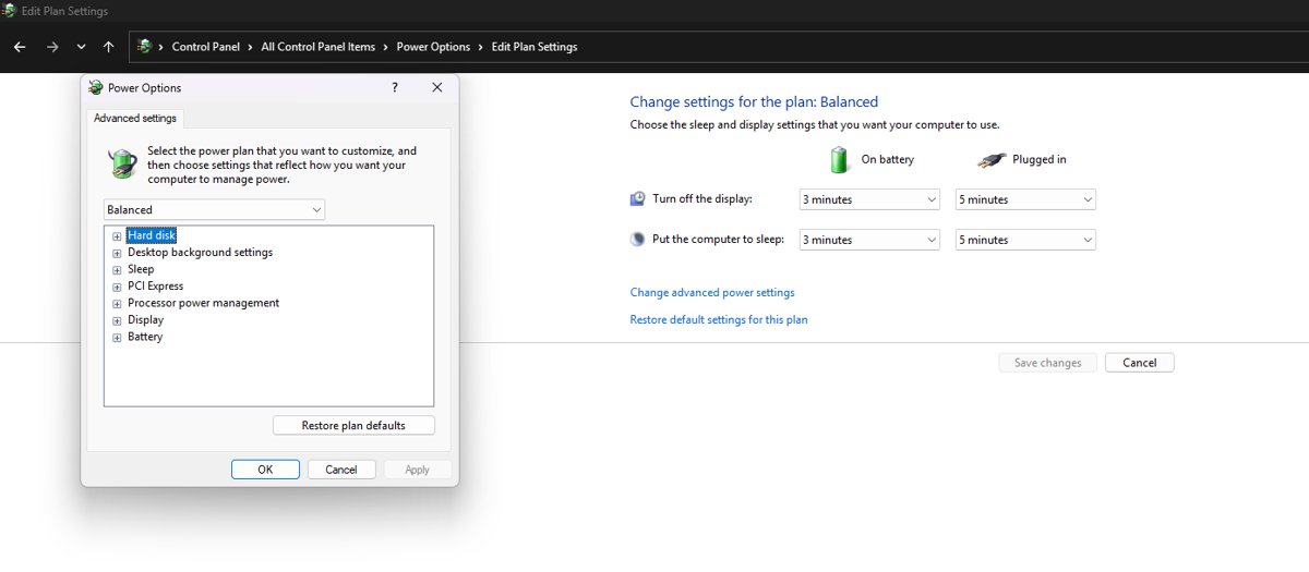 Edit Plan Settings page with the Power Options Advanced settings dialog open
