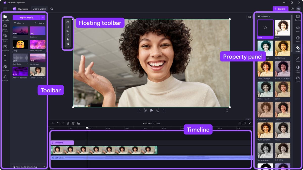 Edit a video in Clipchamp on Windows with timeline, toolbar and property panel