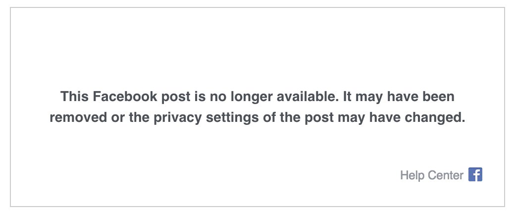 Embedded post placeholder saying this Facebook post is no longer available