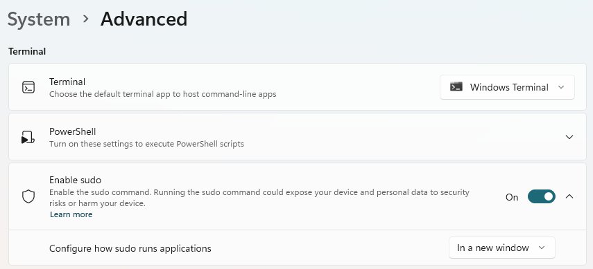 Enable sudo in Windows 11 under System Advanced settings for one-off admin commands