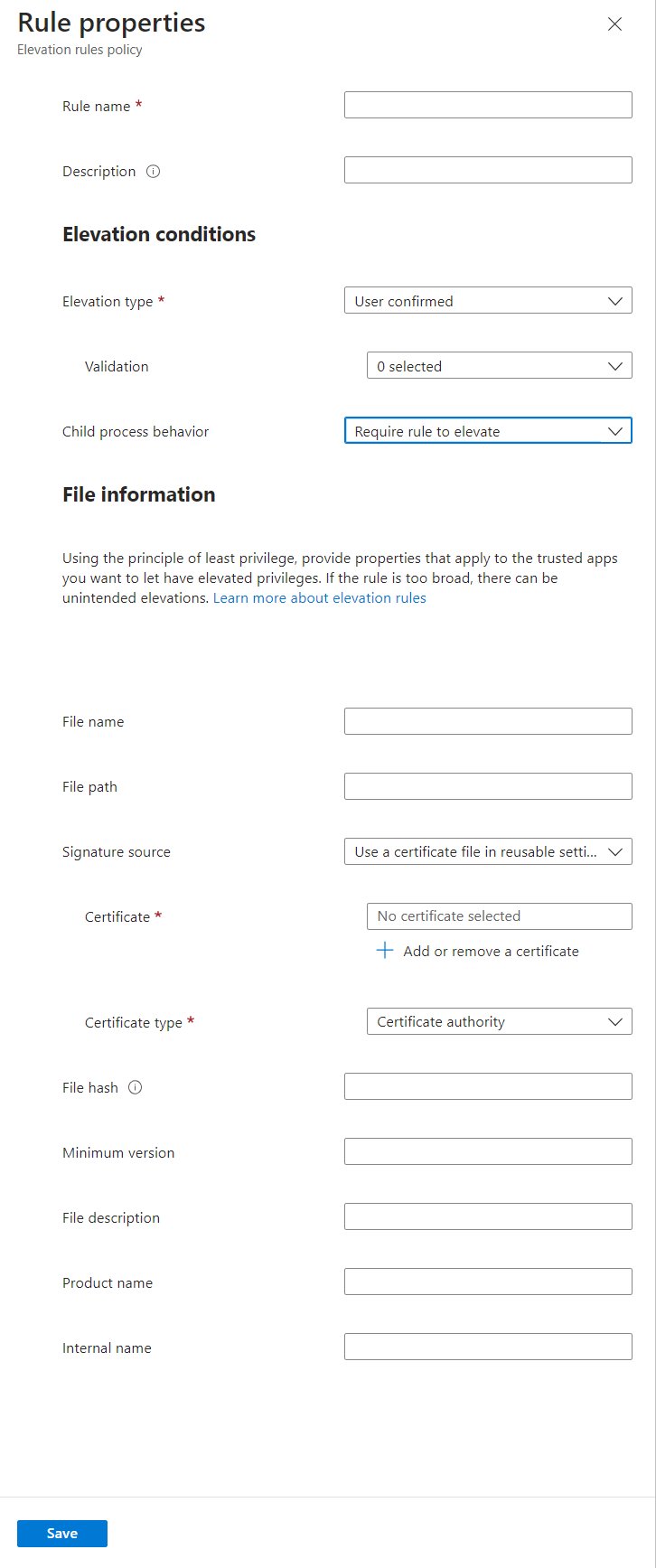 Endpoint Privilege Management Intune rule properties with elevation type and file fields
