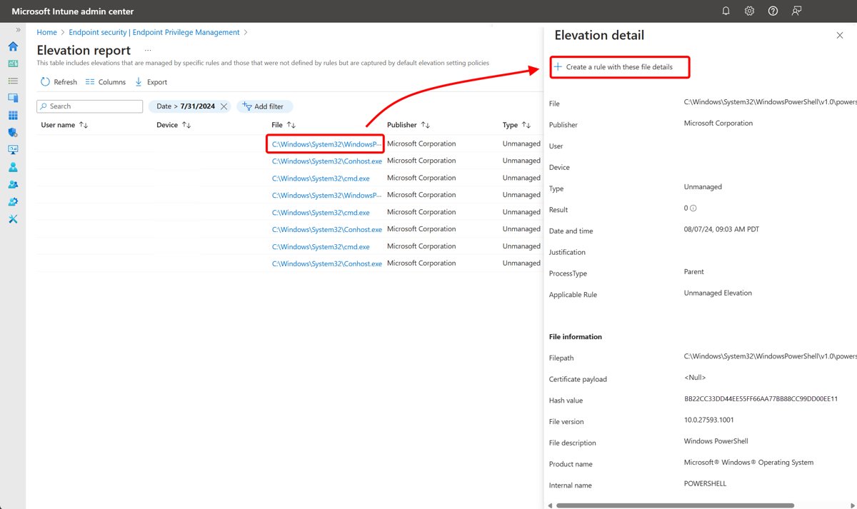 Endpoint Privilege Management reporting with the Elevation report and Elevation detail pane