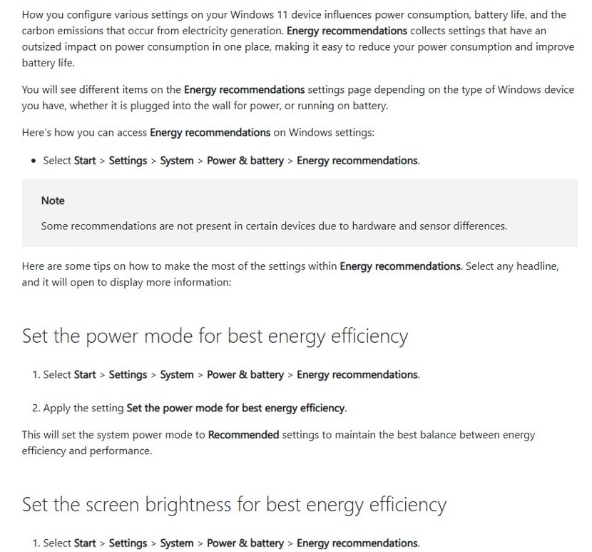 Energy recommendations path in Windows 11 Power & battery settings