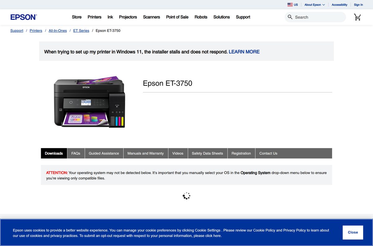 Epson support page listing the scanner driver package for Mac