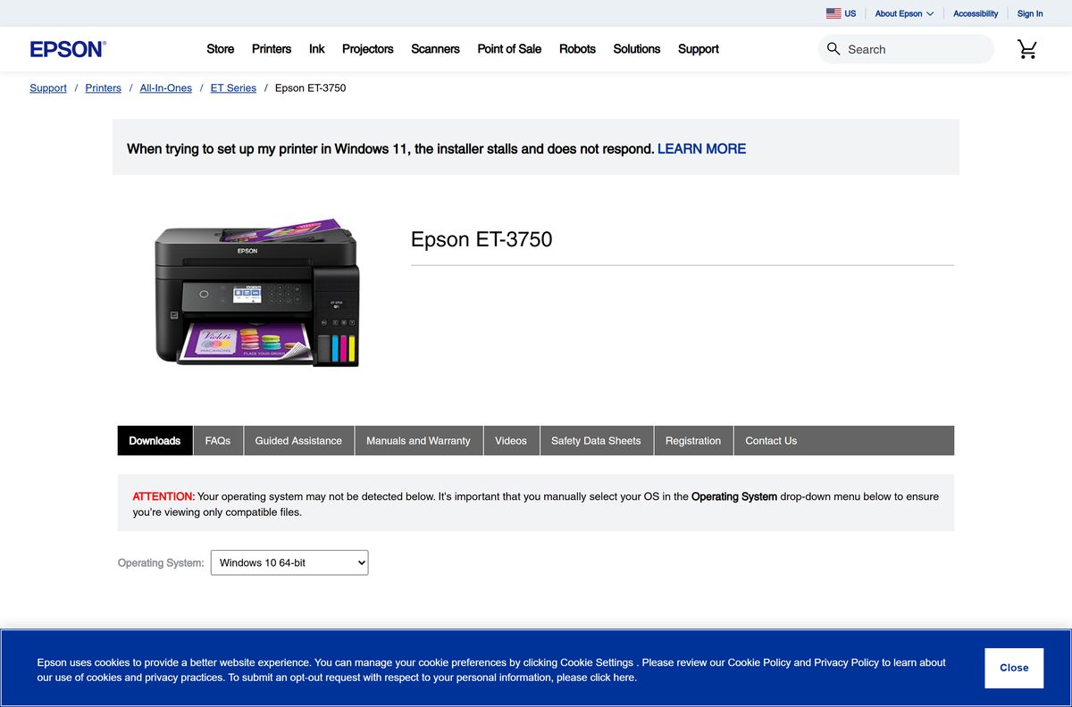 Epson support page listing the scanner driver package for Windows