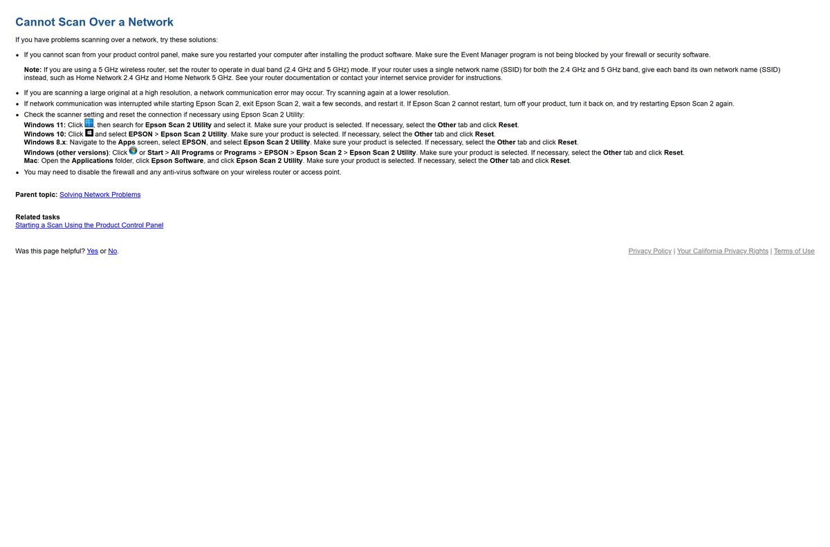 Epson user guide page on fixing network scanning in Epson Scan 2