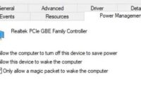 Ethernet adapter Power Management tab with all three wake options checked