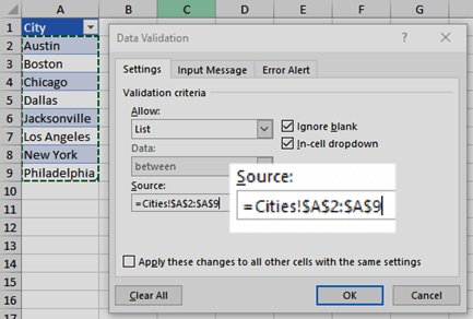 Excel Data Validation dialog set to List with a cell range as source