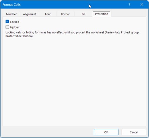 Excel Format Cells dialog on the Protection tab with Locked ticked