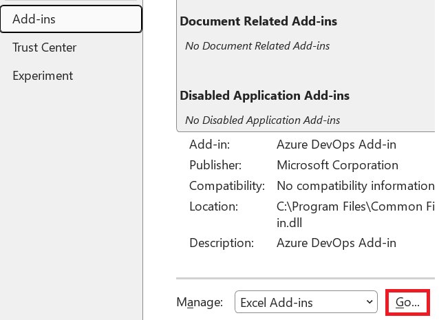 Excel Options Add-ins page with Manage set to Excel Add-ins and Go