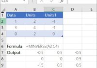 Excel sheet with =MINVERSE(A2:C4) returning a 3x3 inverse matrix