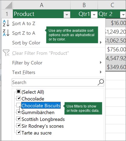 Excel table header drop-down with sort options and filter checkboxes
