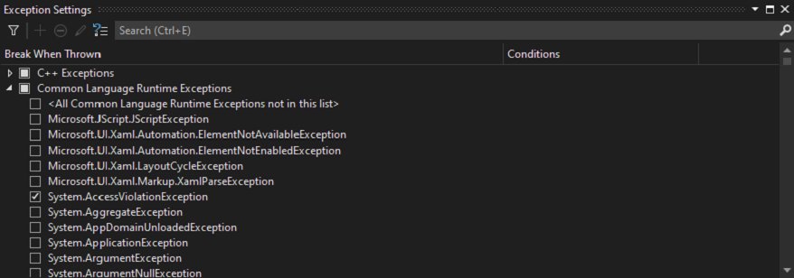 Exception Settings window with Common Language Runtime Exceptions expanded