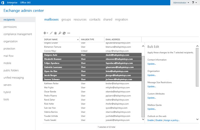 Exchange Online attachment size limit changed for several mailboxes through Bulk Edit