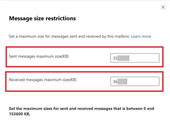 Exchange Online message size limit defaults in the Message size restrictions pane