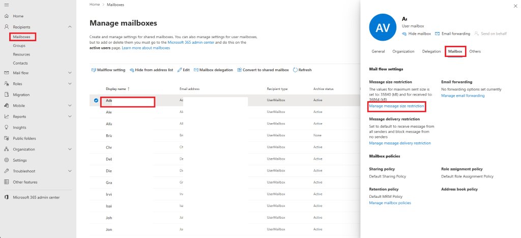 Exchange admin center message size restriction link on the Mailbox tab