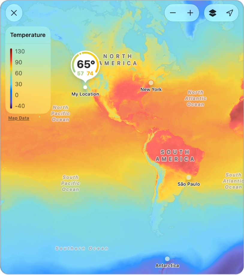 Expanded temperature map with colour scale and My Location pin