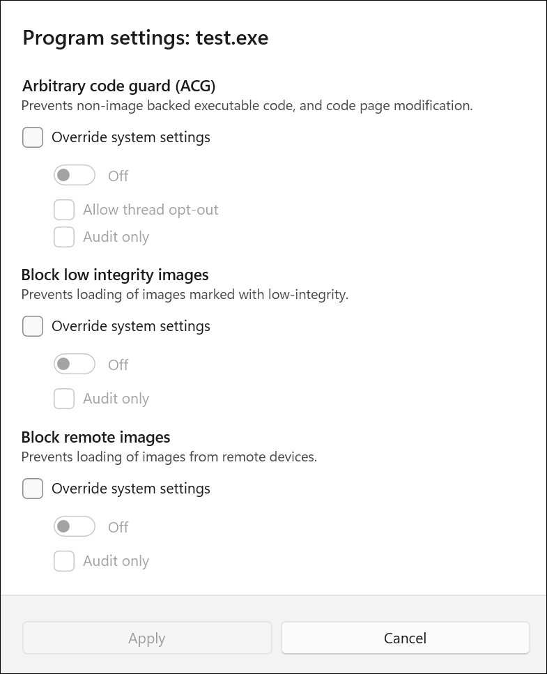 Exploit protection program settings with Arbitrary code guard and Audit only options