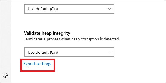 Export settings link below the Validate heap integrity system mitigation