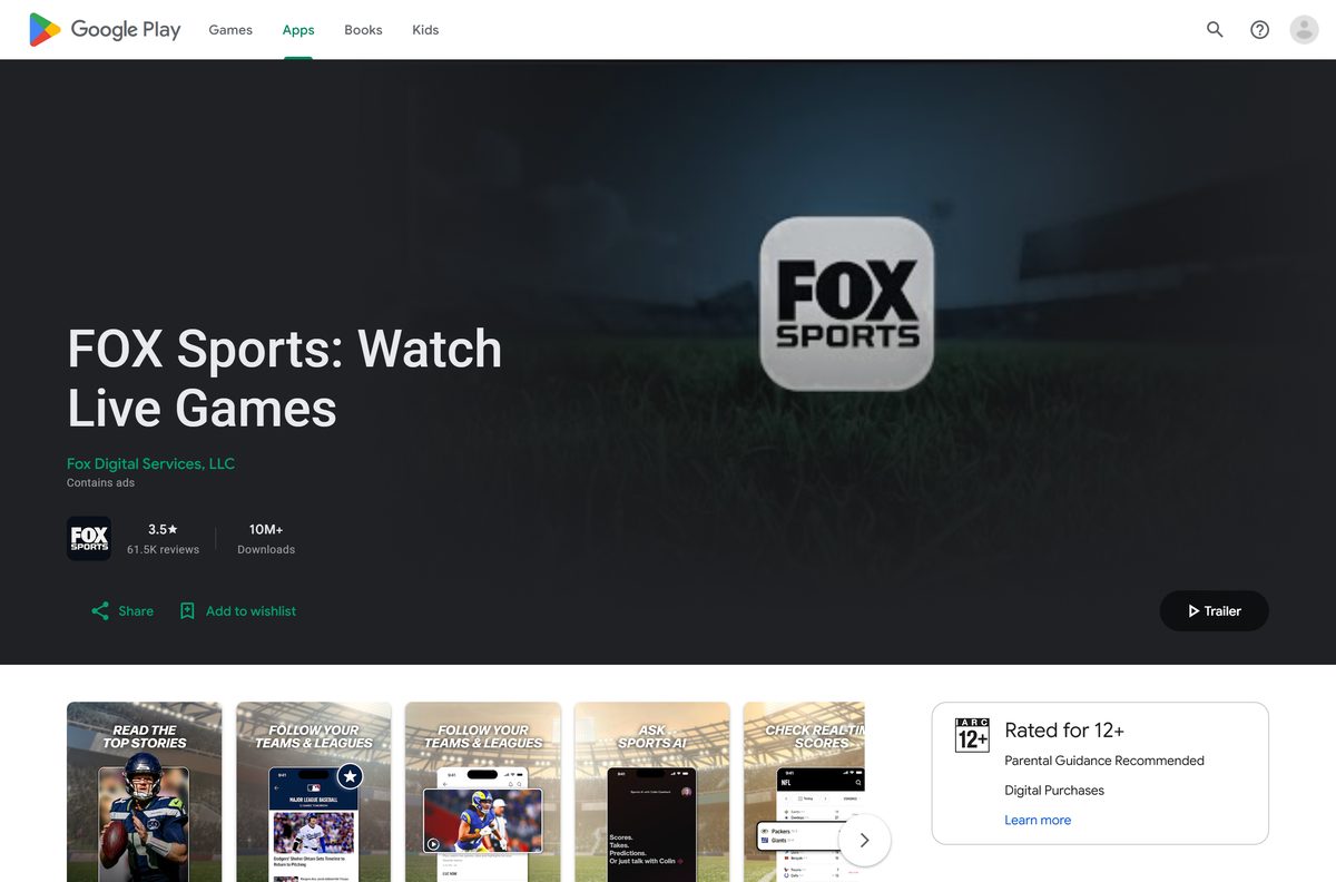 Google Play listing for FOX Sports with its install button
