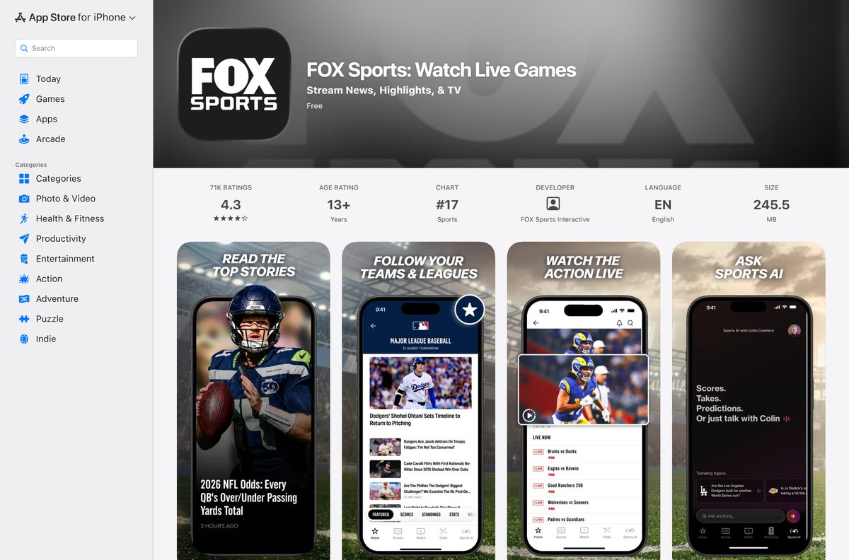 App Store page for FOX Sports with ratings and size