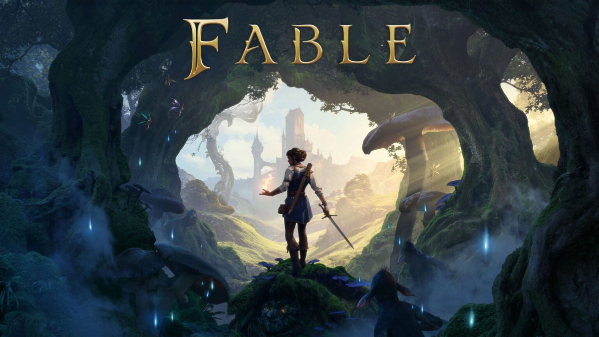 Fable key art of a sword-carrying hero facing a distant castle