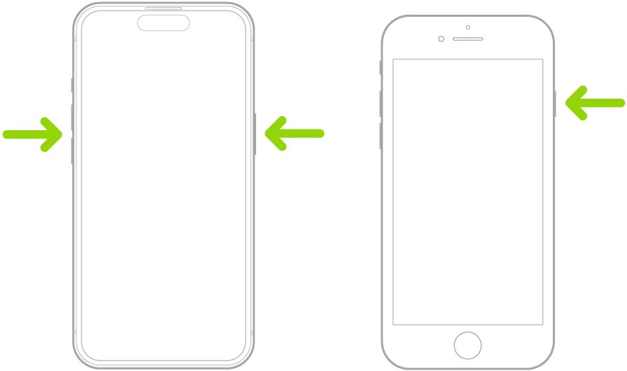 Face ID iPhone and Home button iPhone with arrows marking restart buttons