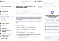 Facebook Help Center page listing steps to add or remove an email address