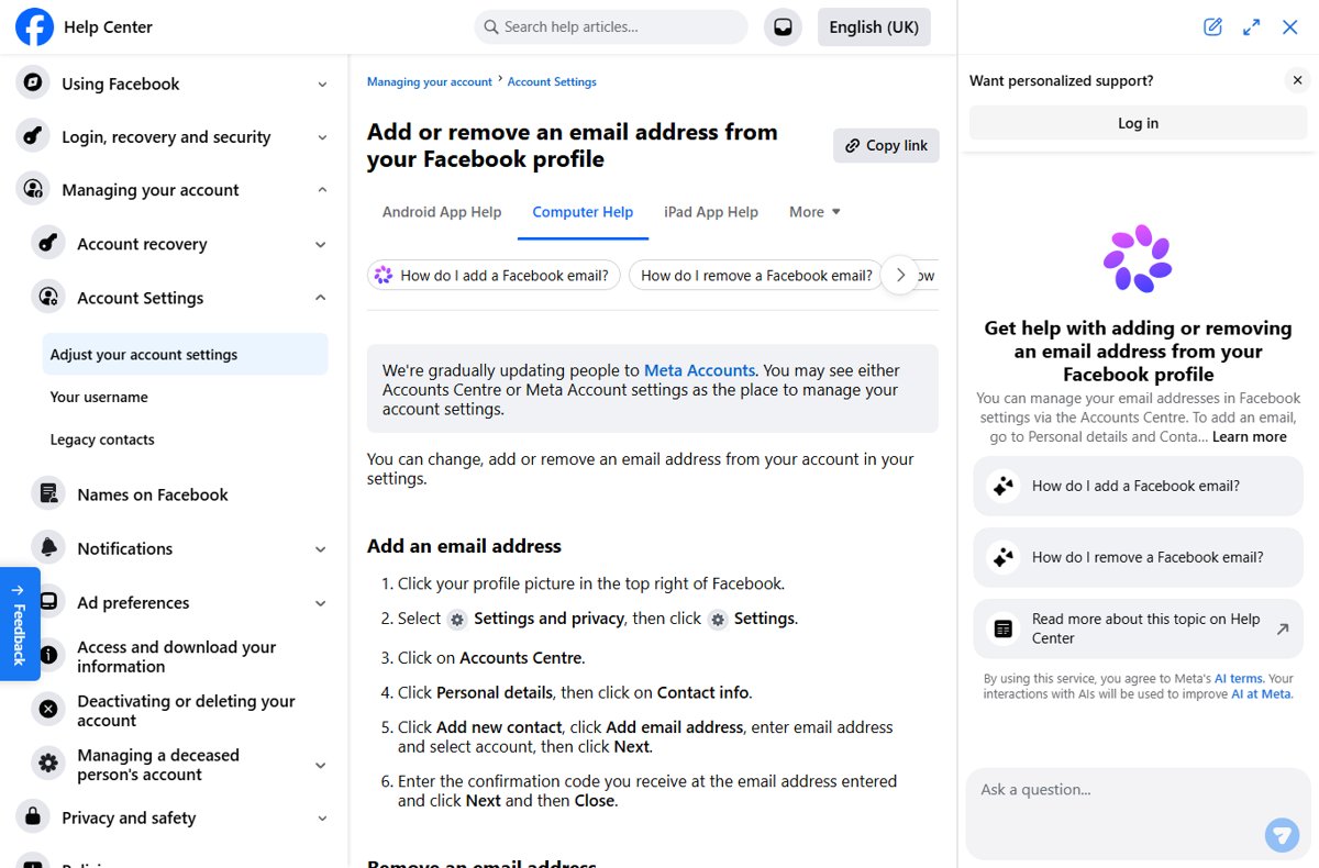 Facebook Help Center page listing steps to add or remove an email address