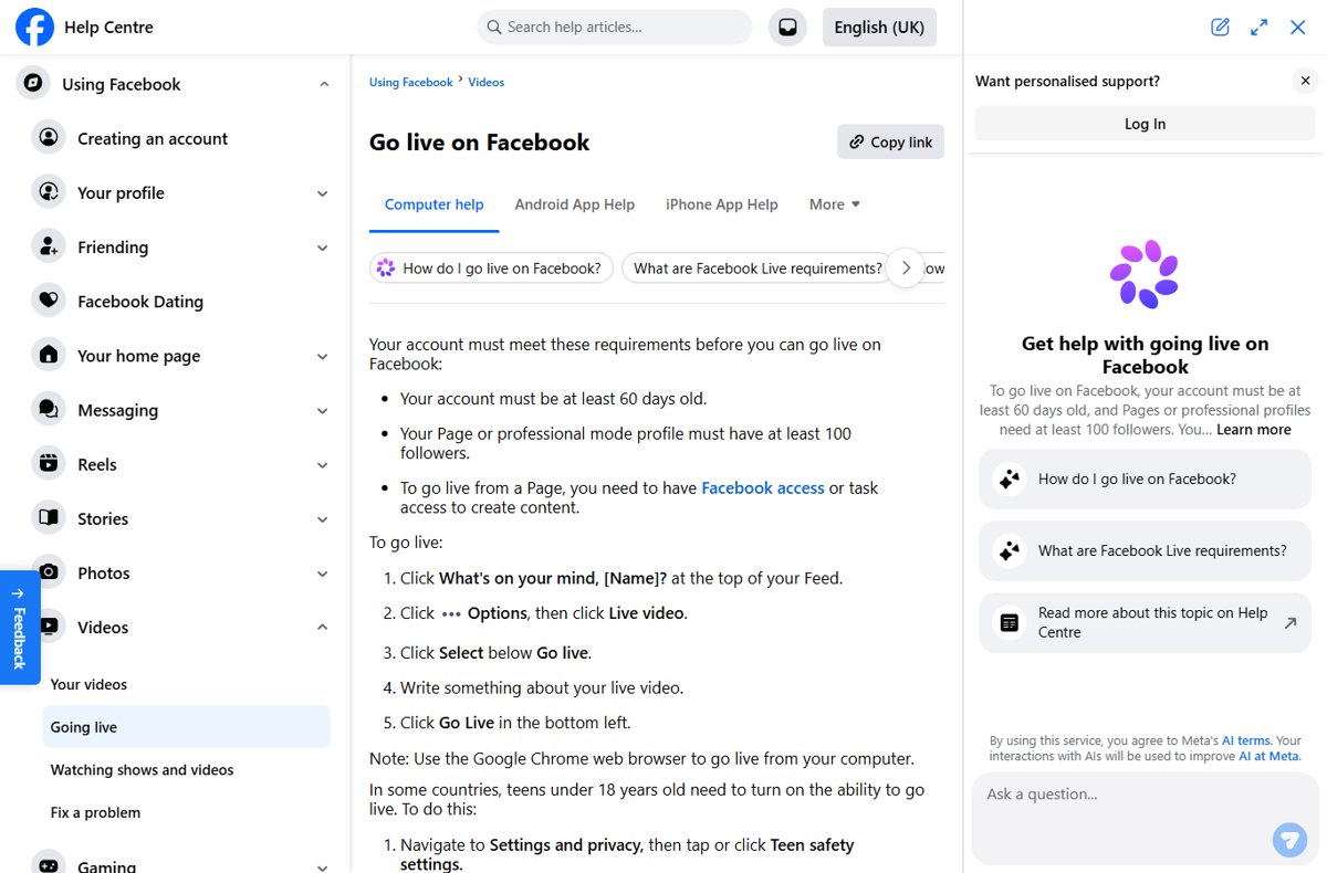 Facebook Help Centre Go live on Facebook page listing requirements and computer steps