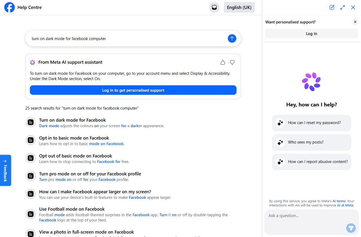 Facebook Help Centre answer for turning on dark mode on a computer