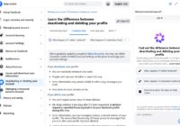 Facebook Help Centre page comparing deactivating and deleting a profile