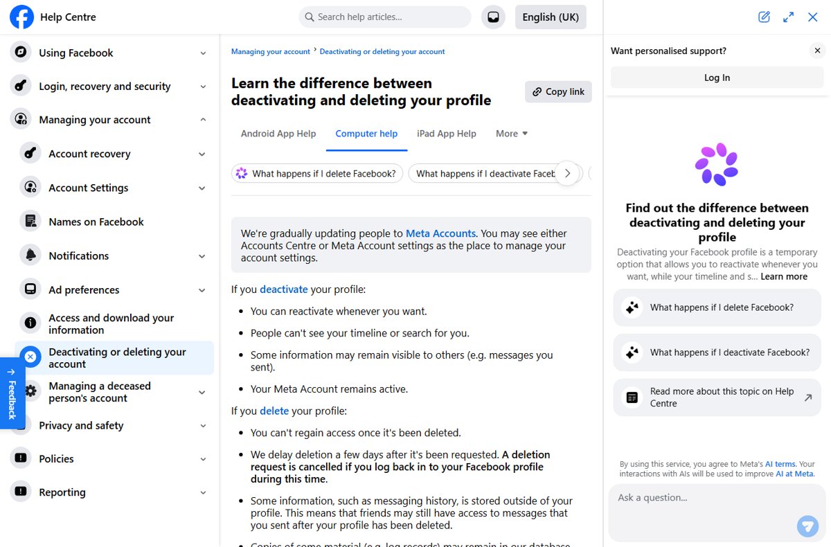 Facebook Help Centre page comparing deactivating and deleting a profile